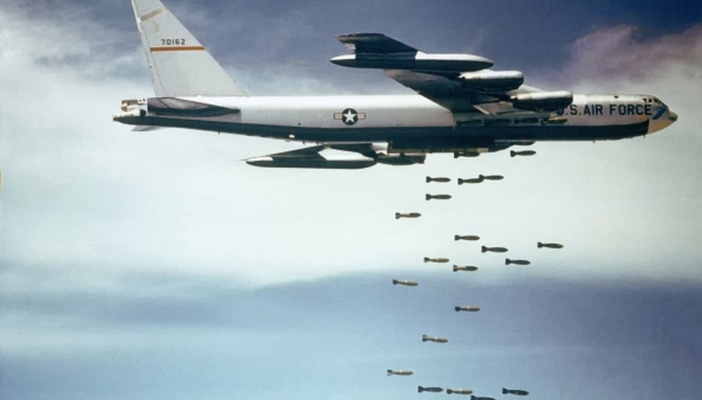 A U.S. Air Force Boeing B-52F Stratofortress drops bombs over Vietnam. (U.S. Air Force via Wikimedia Commons)