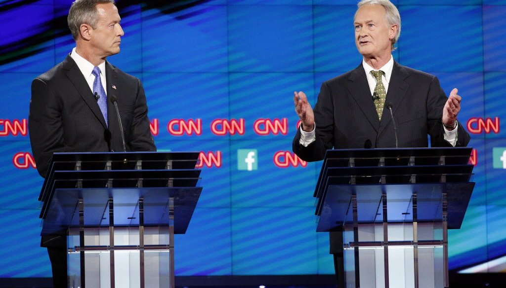 Democratic presidential candidates former Maryland Gov. Martin O'Malley, left, and  former Rhode Island Gov. Lincoln Chafee.  AP Photo/John Locher  