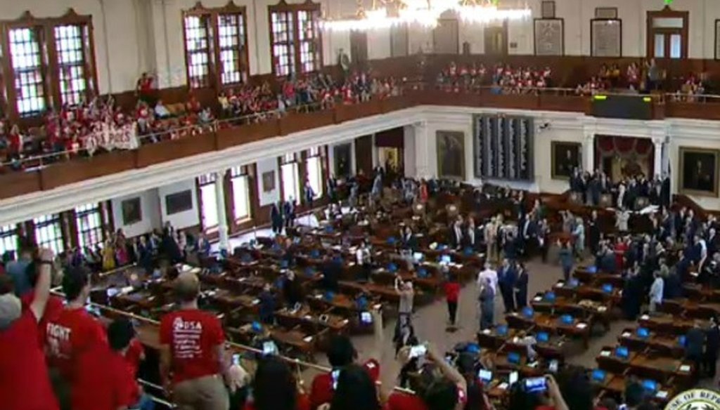 Opponents of Senate Bill 4, the measure intended to keep Texas communities from shielding unauthorized immigrants from deportation, demonstrated during Texas House proceedings May 29, 2017 (screenshot from Texas House video).