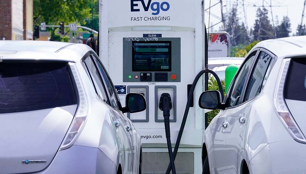 Electric cars are parked April 13, 2022, at a charging station in Sacramento, Calif. (AP)