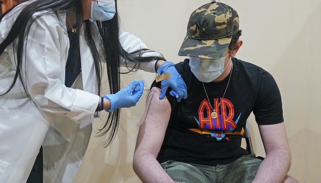Alejandro Garcia, 16, receives his first dose of the Pfizer COVID-19 vaccine in West New York, N.J., Monday, April 19, 2021. (AP)