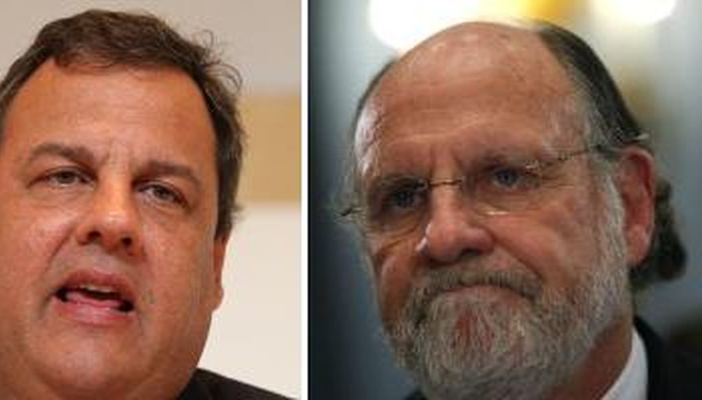 Gov. Chris Christie, left, has criticized his predecessor, Jon Corzine, for giving away 14 percent raises and vowing to "fight" for public employees at a union rally.