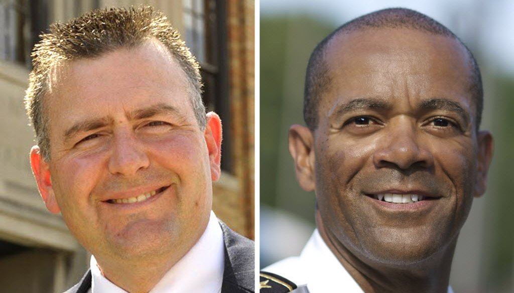 Chris Moews, a lieutenant with the Milwaukee Police Department (left) and Milwaukee County Sheriff David Clarke Jr. are squaring off in the Aug. 12 primary