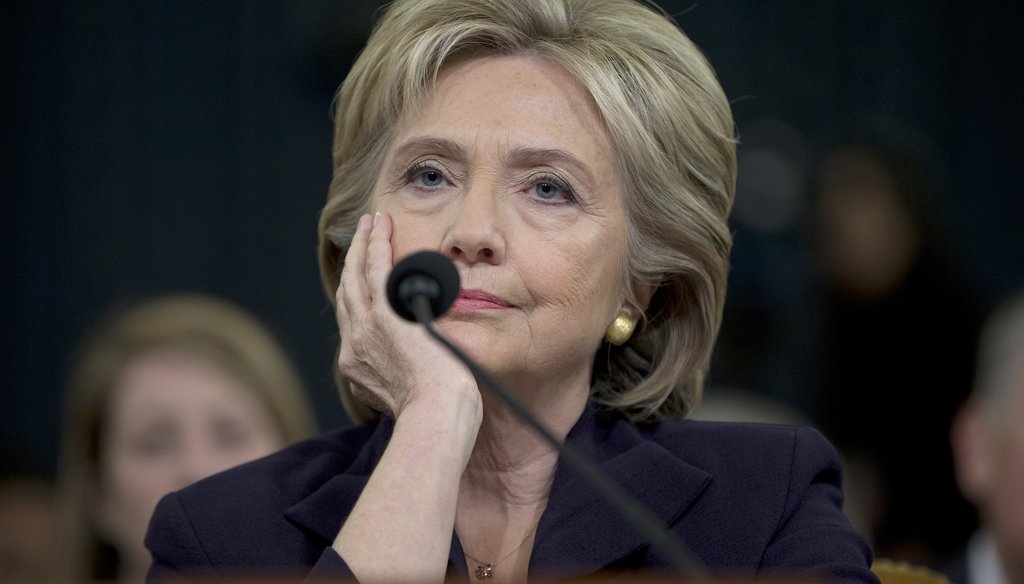 Former Secretary of State Hillary Clinton testifies on Oct. 22, 2015, before the House Benghazi Committee. (AP Photo/Evan Vucci)