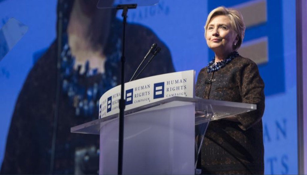 Former Democratic presidential candidate Hillary Clinton speaks at the Human Rights Campaign national dinner in Washington on Oct. 28, 2017, in Washington. (AP photo)