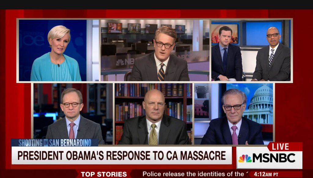 MSNBC host Joe Scarborough, center, calls President Barack Obama “clueless” on the terrorism threat on “Morning Joe” Dec. 4, 2015. (Screengrab)