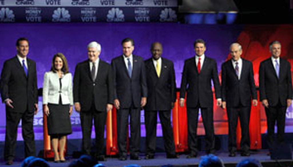 Republican presidential candidates Rick Santorum, left, Michele Bachmann, Newt Gingrich, Mitt Romney, Herman Cain, Rick Perry, Ron Paul and Jon Huntsman debated Wednesday night at Oakland University in Michigan.