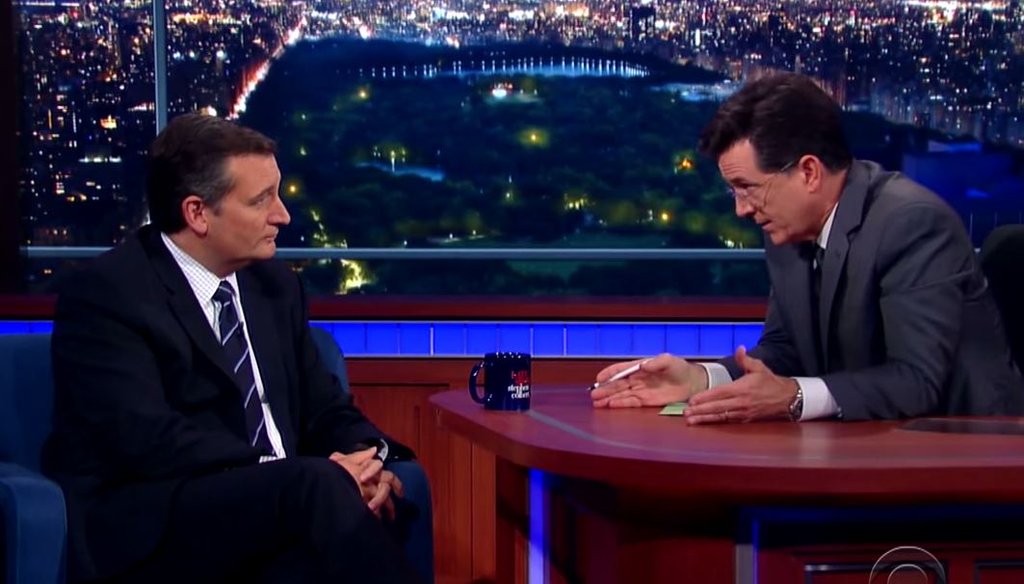 Stephen Colbert interviews Sen. Ted Cruz, R-Texas, about Ronald Reagan on Sept. 21, 2015 on "The Late Show." (Screengrab from CBS video)