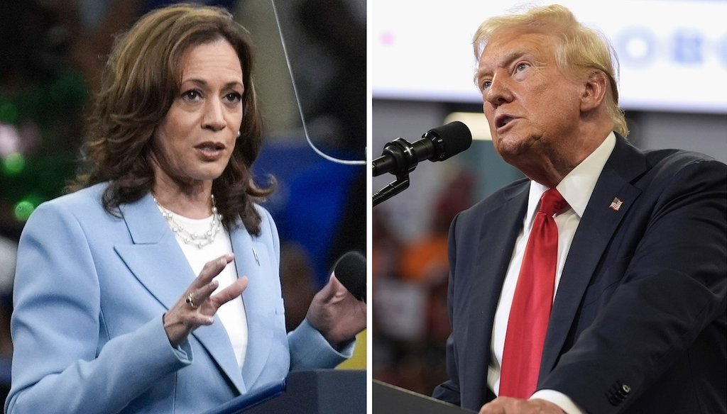 This combination of photos taken at campaign rallies in Atlanta shows Vice President Kamala Harris on July 30, 2024, left, and Republican presidential candidate former President Donald Trump on Aug. 3. (AP)