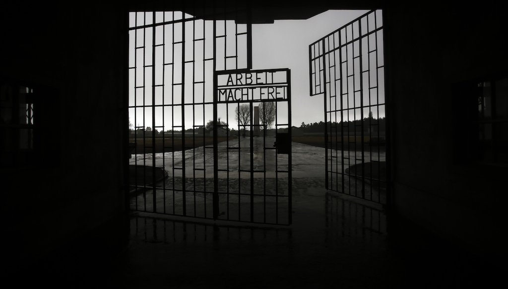 An April 23, 2017, photo shows the gate to the Sachsenhausen Nazi death camp with the phrase "Arbeit macht frei" (work sets you free) in Oranienburg, Germany. (AP)