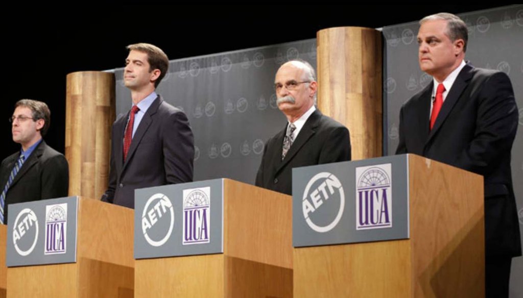 Rep. Tom Cotton (second from left) says Sen. Mark Pryor (far right) votes with Obama 93 percent of the time at an Oct. 13 debate.