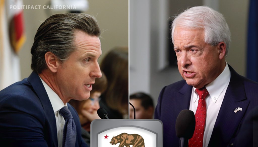 Democrat Gavin Newsom and Republican John Cox are competing for California governor. Graphic by PolitiFact California.