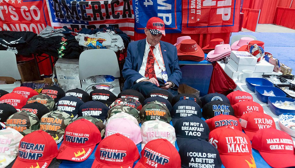 A booth selling hats is seen March 2, 2023, at the Conservative Political Action Conference, CPAC 2023, cheers during the session, at the National Harbor, in Oxon Hill, Md. (AP)