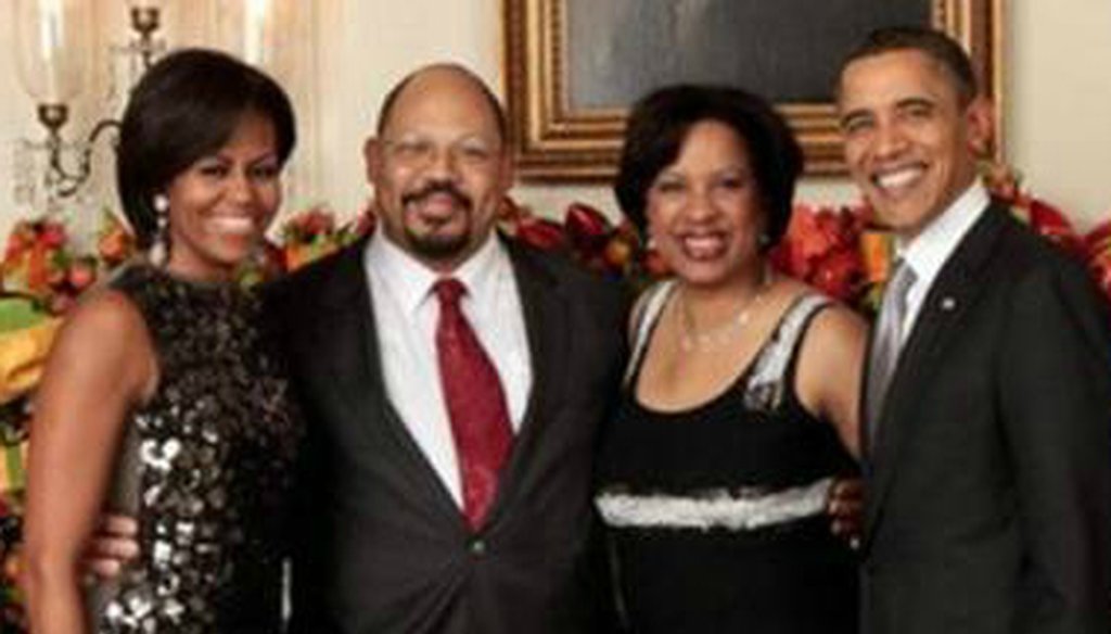 The chain emails PolitiFact Texas received included this photo, which FactCheck.org wrote shows Toni Townes-Whitley and her husband, John Whitley, with Michelle and President Barack Obama at a 2010 White House party.