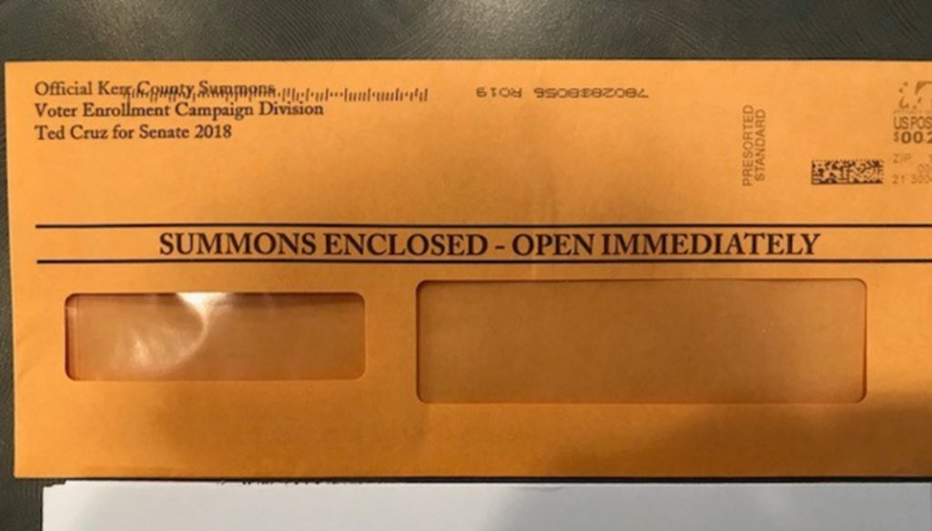 Sen. Ted Cruz's campaign enclosed a fundraising appeal in this envelope arguably similar to a government summons (San Antonio Express-News).