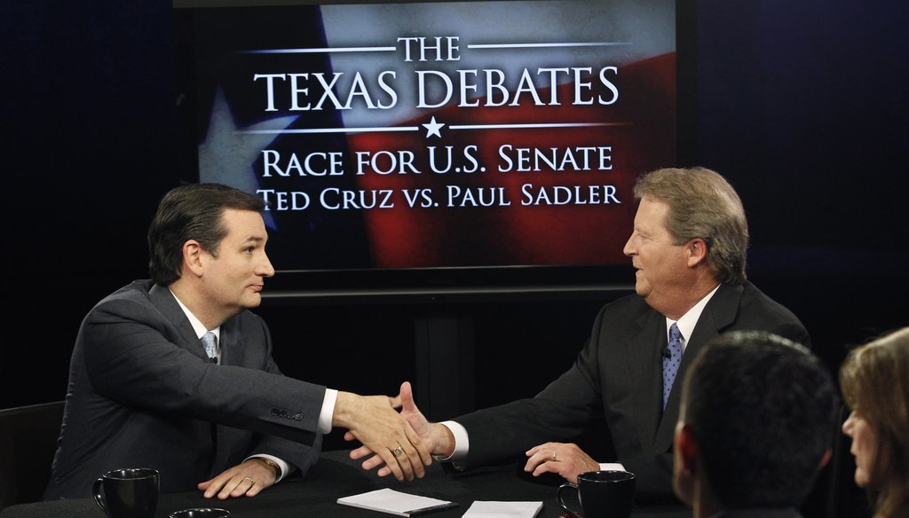 Ted Cruz, left, and Paul Sadler square off in Dallas on Oct. 19, 2012. Photo L.M. Otero/ASSOCIATED PRESS