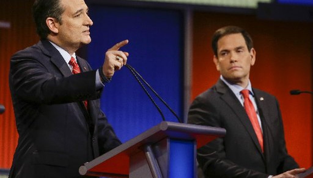 Mano a mano? Sens. Ted Cruz of Texas and Marco Rubio of Florida went at it in the Jna. 28, 2016, Republican presidential debate in Iowa (Associated Press photo).