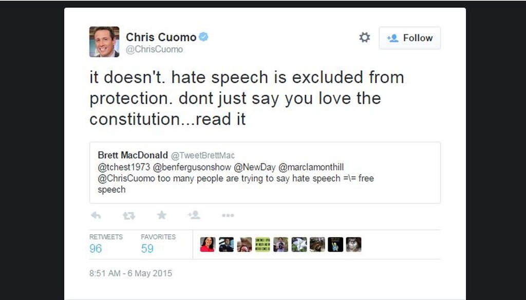 CNN anchor Chris Cuomo received heavy backlash for tweeting that the Constitution does not protect hate speech May 6, 2015.