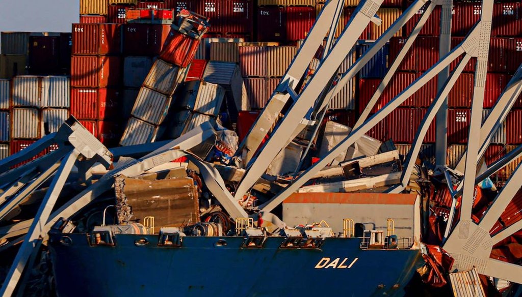 Wreckage of the Francis Scott Key Bridge rests on the container ship Dali, Saturday, March 30, 2024, in Baltimore. (AP)