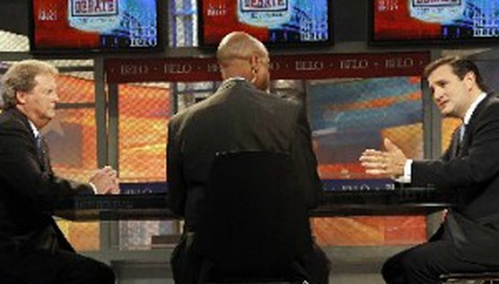 Paul Sadler watches as Ted Cruz makes a point at the last U.S. Senate debate Oct. 2, 2012, at WFAA-TV in Dallas (Photo: GJ McCarthy, Dallas Morning News).