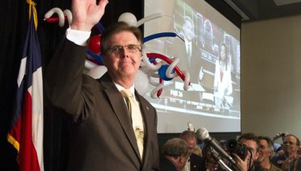 Dan Patrick enjoys his win of the 2014 Republican nod for lieutenant governor in Houston on May 27, 2014 (Associated Press, Patric Schneider).