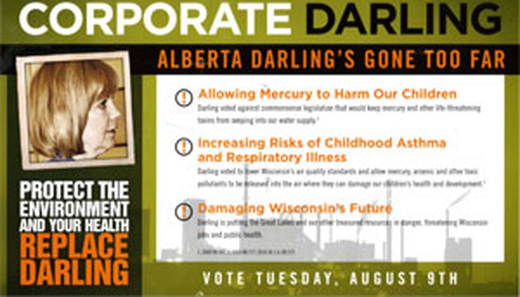 This is the front side of a Wisconsin Sierra Club mailer against Sen. Alberta Darling