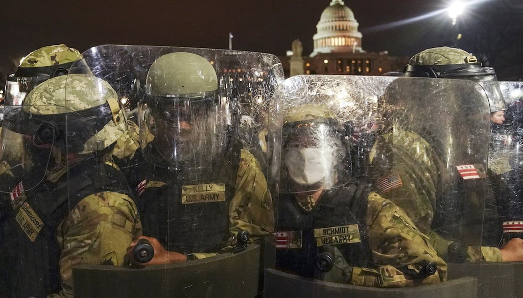 District of Columbia National Guard members stand outside the Capitol on Jan. 6, 2021. (AP)