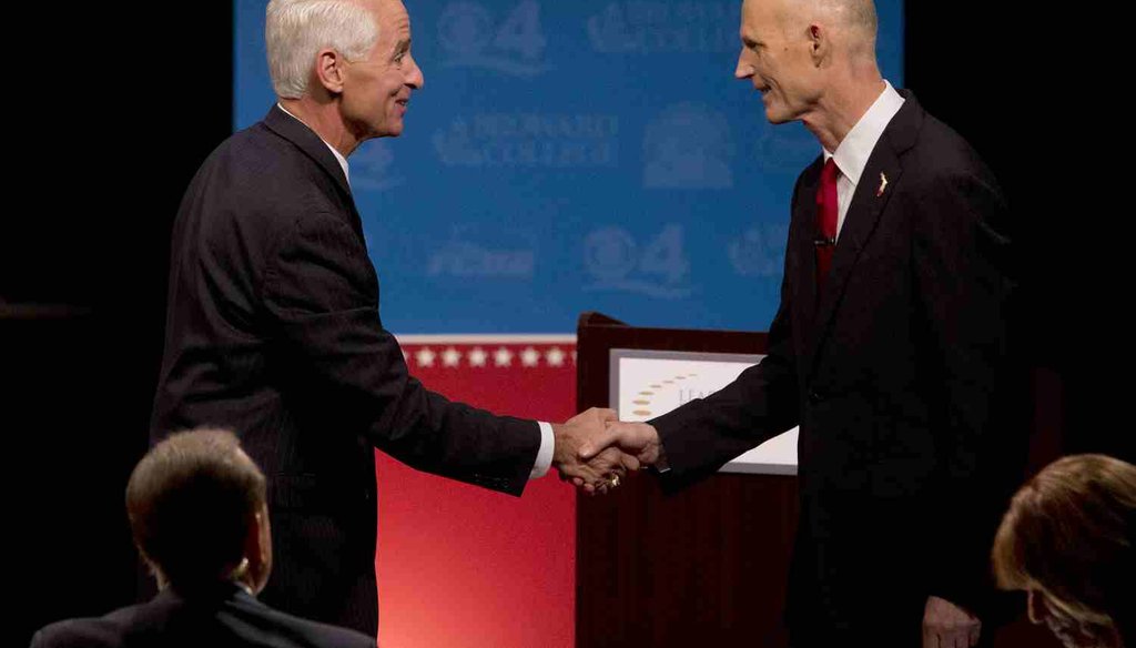 Former Gov. Charlie Crist and current Gov. Rick Scott debated at Broward College on Oct. 15, 2014.