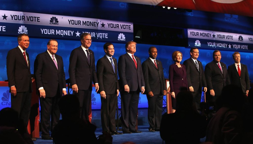 Candidates take the stage before the Republican presidential debate on Nov. 10, 2015, in Milwaukee, Wis. (AP Photo)