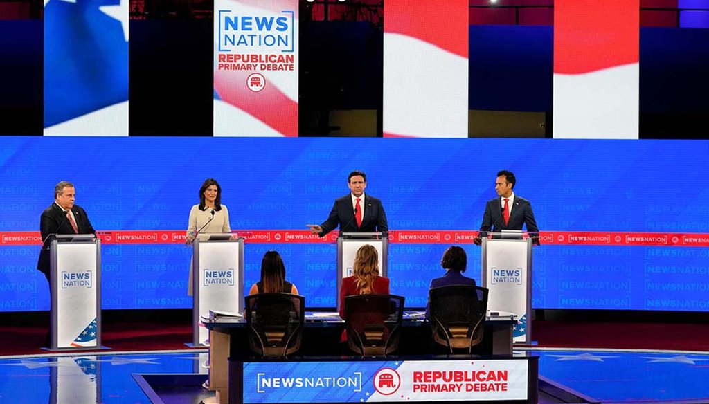 Republican presidential candidates from left, Chris Christie, Nikki Haley, Ron DeSantis and Vivek Ramaswamy participate in  Republican presidential primary debate Dec. 6, 2023, at the University of Alabama in Tuscaloosa, Ala. (AP)