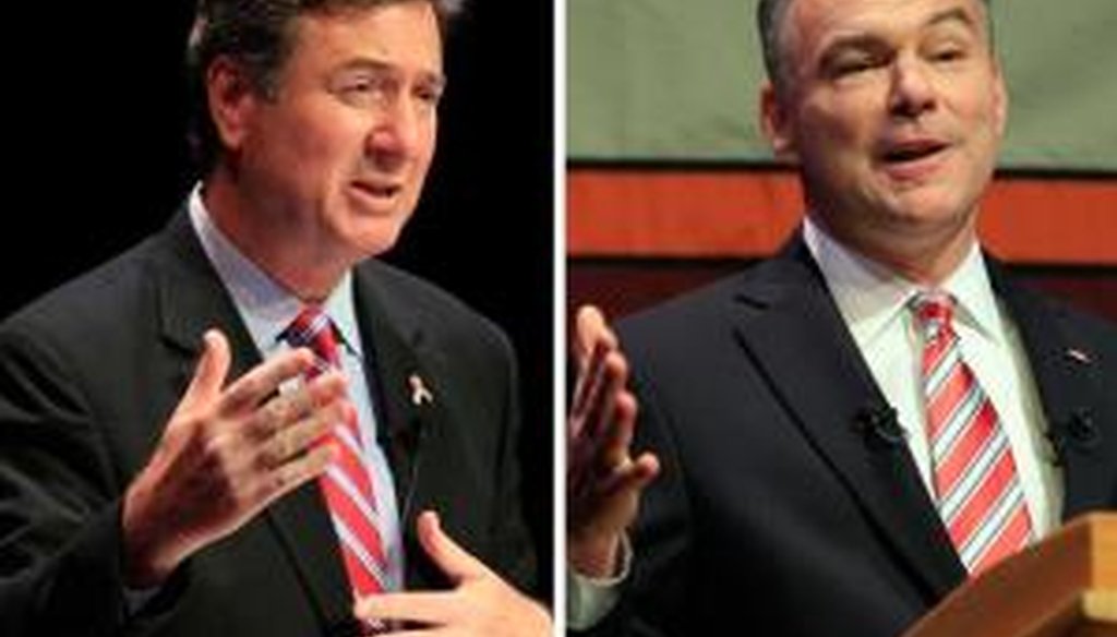 Republican George Allen, left, and Democrat Tim Kaine have voiced little agreement on tax and spend issues.