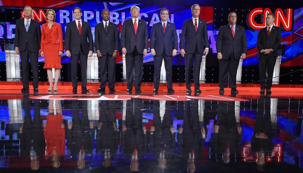 Republican presidential candidates, from left, John Kasich, Carly Fiorina, Marco Rubio, Ben Carson, Donald Trump, Ted Cruz, Jeb Bush, Chris Christie, and Rand Paul take the stage during the CNN Republican presidential debate in Las Vegas. (AP)
