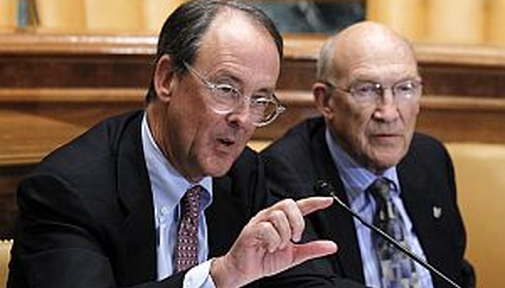 Erskine Bowles, left, and Alan Simpson, co-chairs of the president's fiscal commission, discuss ideas to reduce the national debt. 