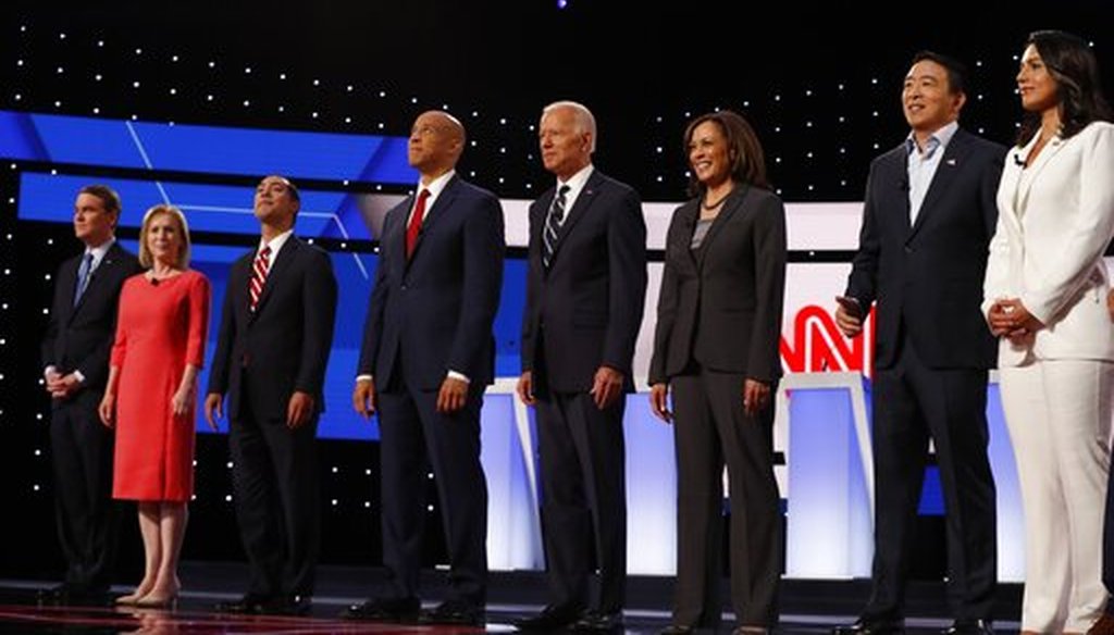 Democratic presidential candidates are introduced before the second of two primary debates hosted by CNN on July 31, 2019, in Detroit. (AP/Osorio)