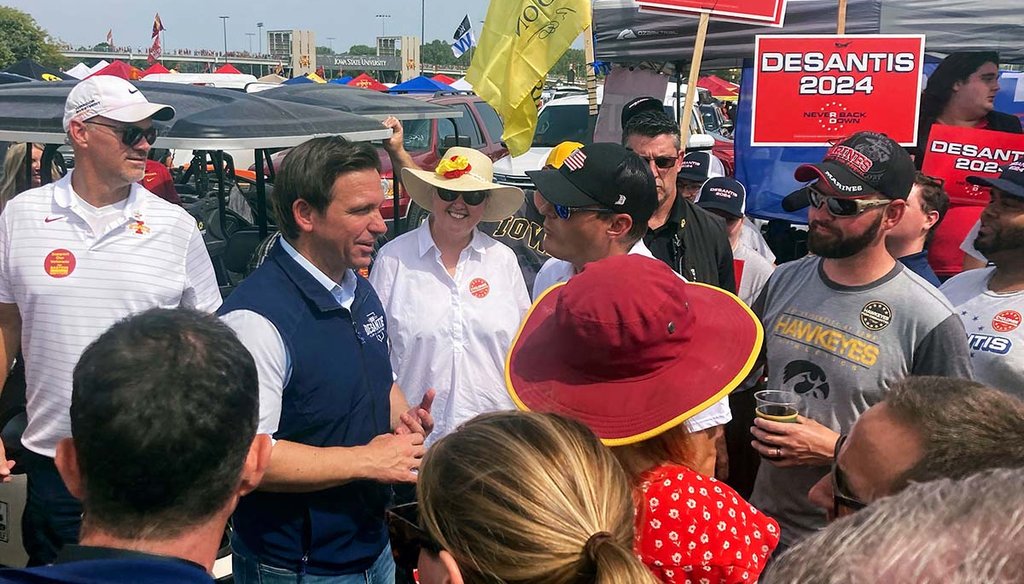 Florida Gov. Ron DeSantis, a candidate for the 2024 Republican presidential nomination, greets people at Iowa State University on Sept. 9, 2023, in Ames, Iowa. (AP)