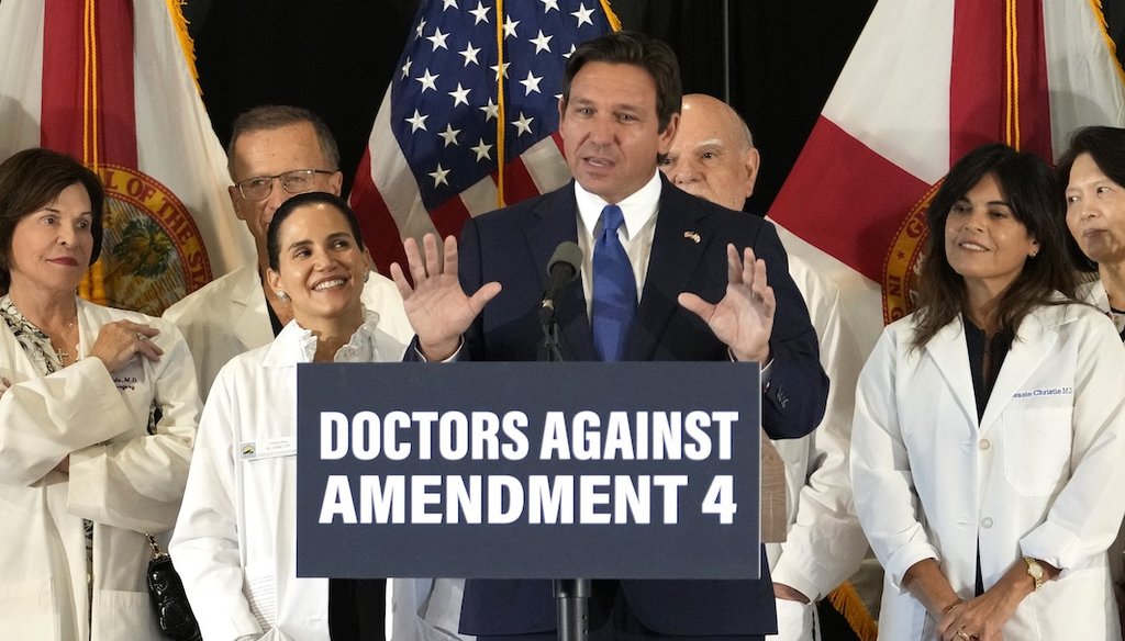 Florida Gov. Ron DeSantis speaks out against Amendment 4 on Oct. 21, 2024, during a news conference with Florida Physicians Against Amendment 4 on in Coral Gables. (AP)