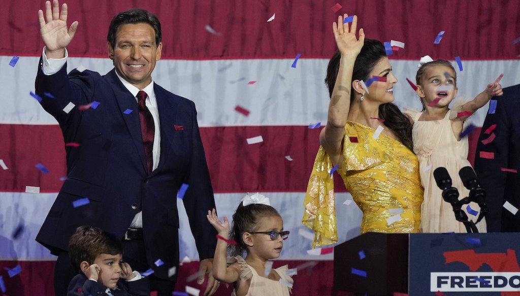 Florida Republican Gov. Ron DeSantis, his wife Casey and their children on stage after speaking to supporters Nov. 8, 2022, at an election night party after winning his race for reelection in Tampa, Fla. (AP)