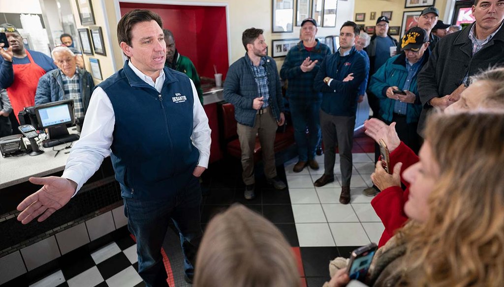 Republican presidential candidate Florida Gov. Ron DeSantis speaks Jan. 20, 2024, during a campaign event at The Drive-In in Florence, S.C. (AP)