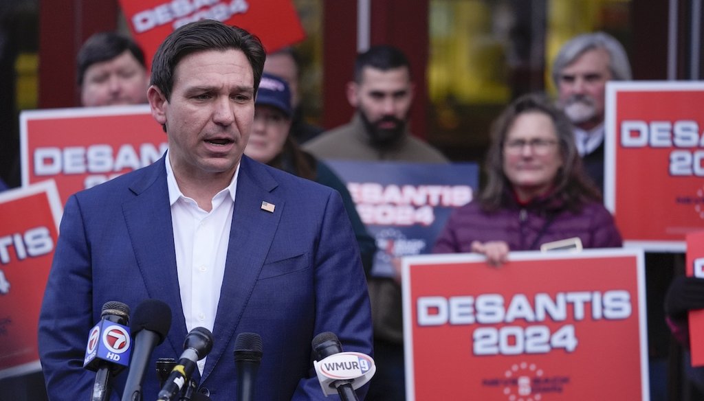 Republican presidential candidate Florida Gov. Ron DeSantis speaks Jan. 19, 2024, during a media availability in Manchester, N.H. (AP)