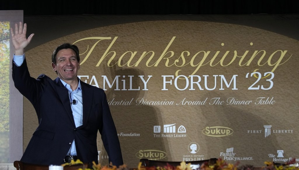 Florida Gov. Ron DeSantis, a Republican presidential candidate, arrives Nov. 17, 2023, at the Family Leader's Thanksgiving Family Forum in Des Moines, Iowa. (AP)