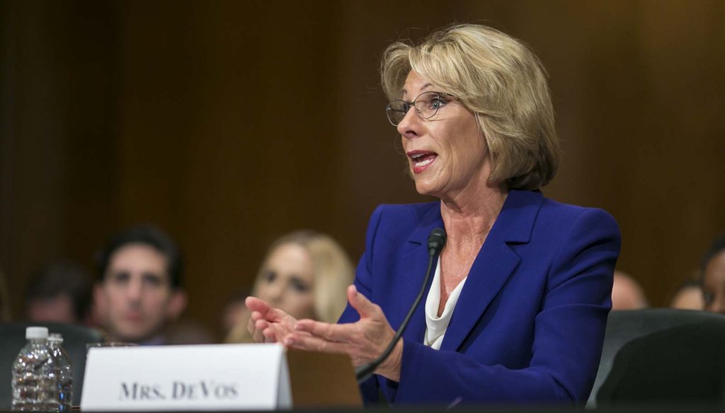 Betsy DeVos, Donald Trump’s nominee for education secretary, testifies at her confirmation hearing before the Senate Health, Education, Labor and Pensions Committee Jan. 17, 2017. (Al Drago/The New York Times)