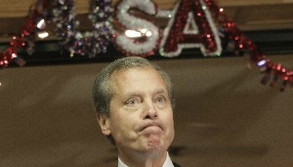 Lt. Gov. David Dewhurst pauses while speaking at a campaign event at the VFW post in Grand Prairie, July 19, 2012. He was speaking about the service of his father in World War II. (AP Photo.)