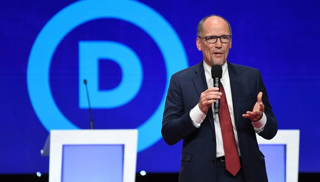 Tom Perez Chairman of the Democratic National Committee speaks before the Oct. 15, 2019, presidential debate.  (Photo by SAUL LOEB / AFP)