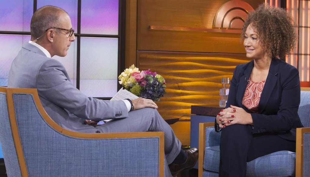former NAACP leader Rachel Dolezal appears on the "Today" show during an interview with co-host Matt Lauer, June 16, 2015. (NBC News via AP)