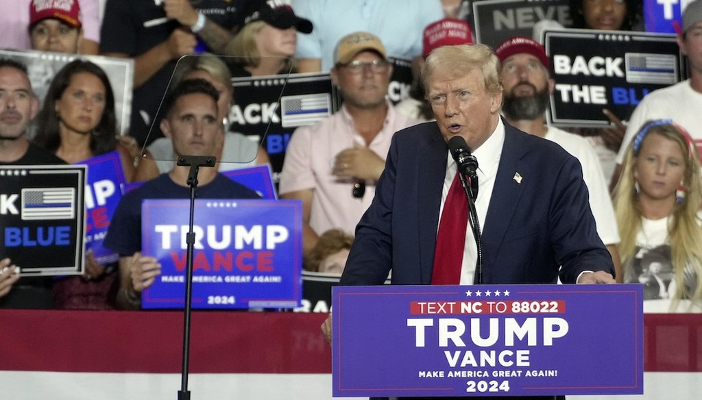 Former President Donald Trump, the 2024 Republican presidential candidate, speaks July 24, 2024, at a campaign rally in Charlotte, N.C. (AP)