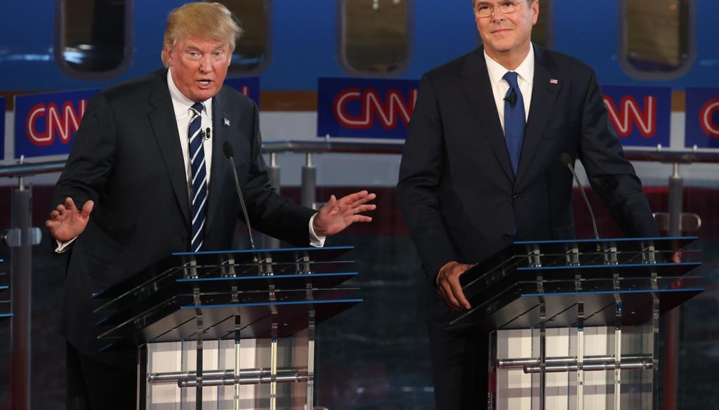 GOP candidates Donald Trump and Jeb Bush discuss immigration challenges at the Ronald Reagan Presidential Library in Simi Valley, Calif., on Sept. 16, 2015, at the second GOP presidential debate. (Getty)