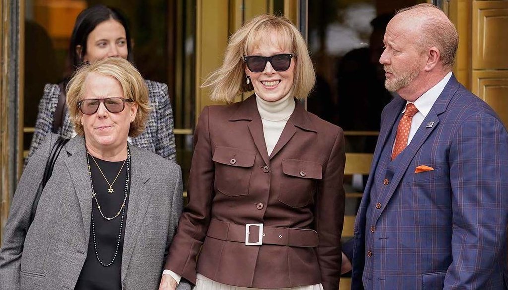 E. Jean Carroll, center, walks out of Manhattan federal court May 9, 2023, in New York. A jury found Donald Trump liable for sexually abusing the advice columnist in 1996, awarding her $5 million. (AP)