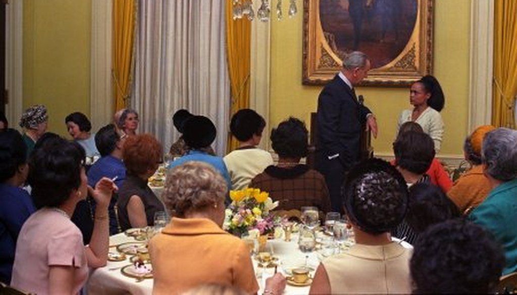 Former President Lyndon B. Johnson is asked a question by Eartha Kitt. [LBJ Library photo by Kevin Smith]