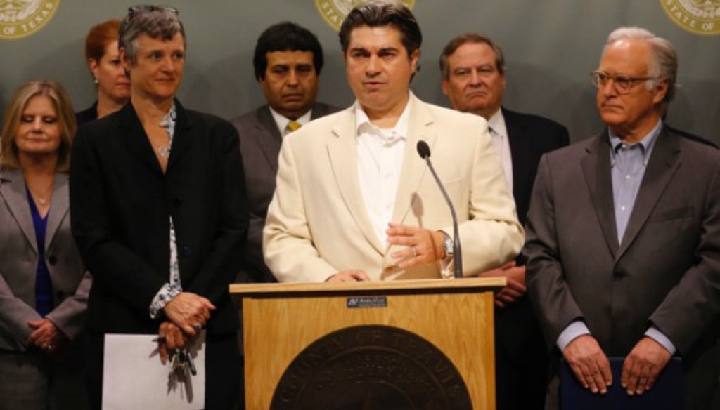 Texas House member Eddie Rodriguez, D-Austin, shown here at a June 2017 press conference, later made a statement linking domestic violence and mass shooters. PolitiFact Texas found the claim False (Photo: Ralph Barrera, Austin American-Statesman).