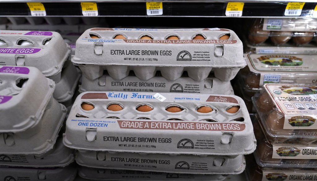 In this June 15, 2021 photograph, eggs are displayed in a refrigerated section at Lambert's Rainbow Market, in Westwood, Mass. (AP)